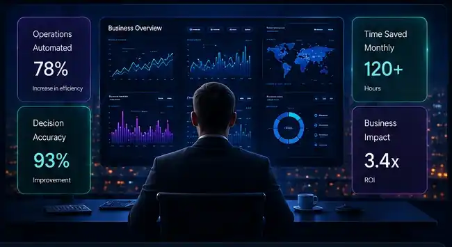 Executive business intelligence dashboard illustrating automated operations, decision support and business impact